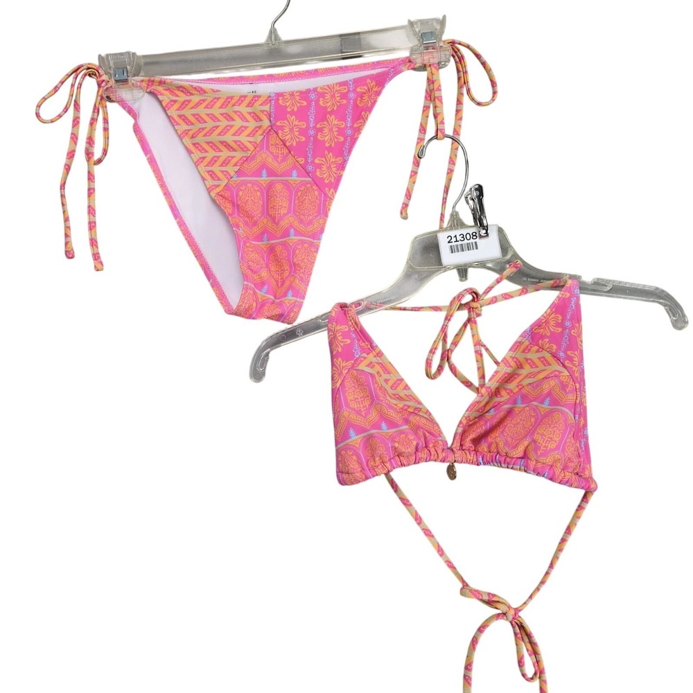 Air Space 2-pc Bikini Set Women's L Pink Orange Triangle Tie Side Strappy Swim